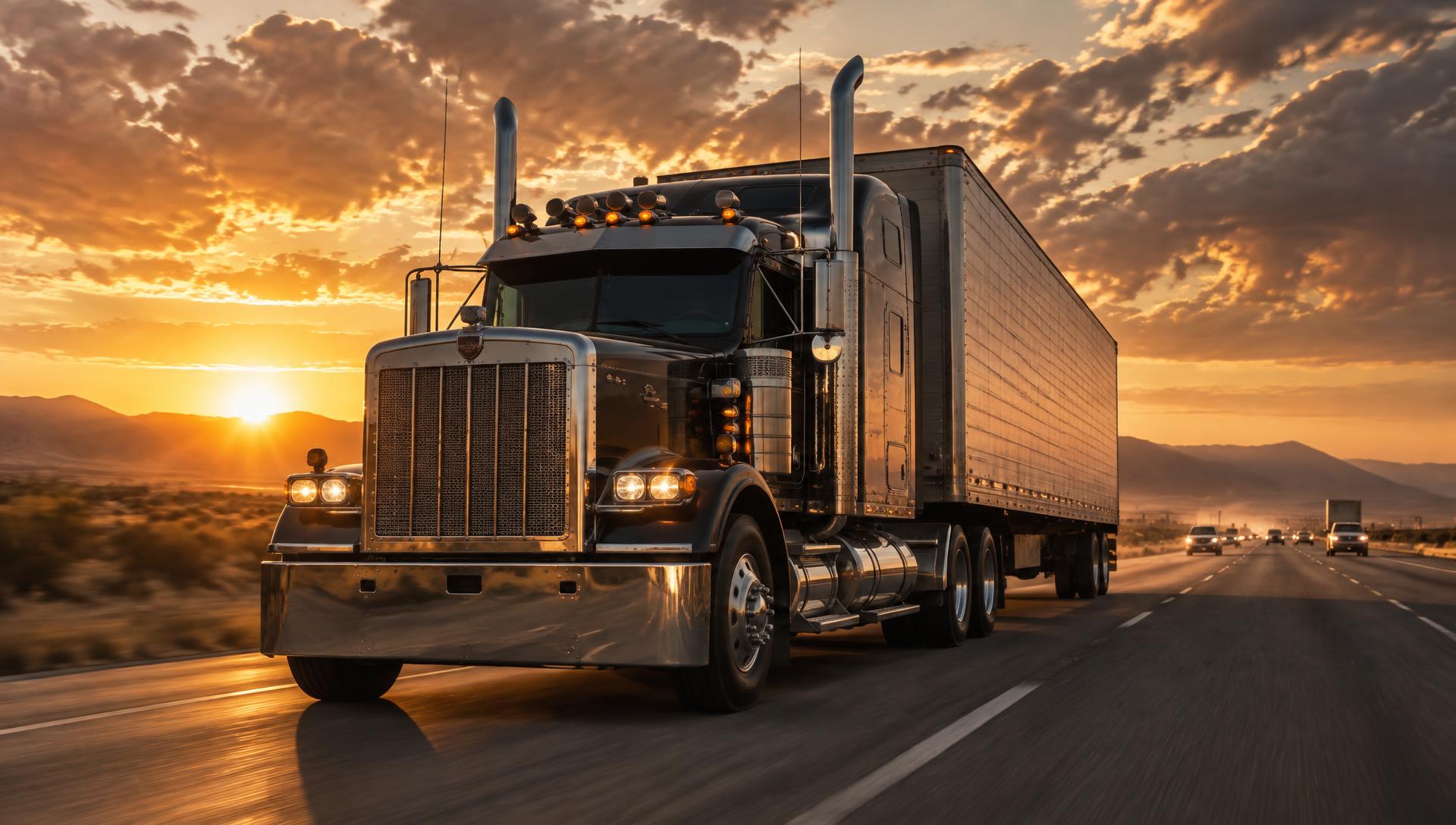 American semi truck hauling freight on an interstate highway at sunset