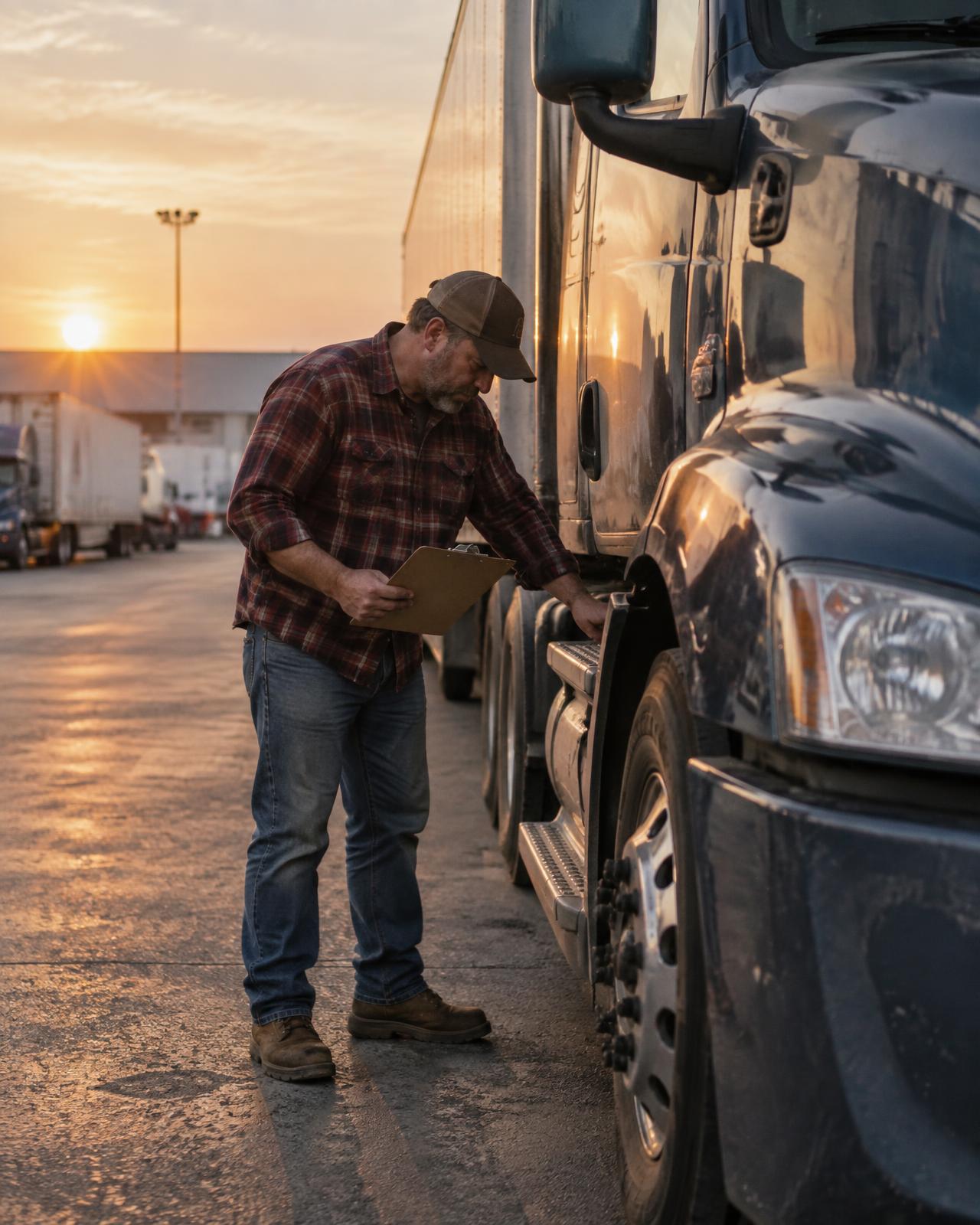 Driver performing a pre-trip inspection on an American semi truck